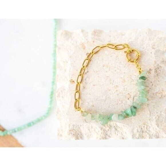 Waterproof Dainty Gold Paperclip Chain Necklace &  Gemstone Beaded Bracelet - Picture 2 of 9